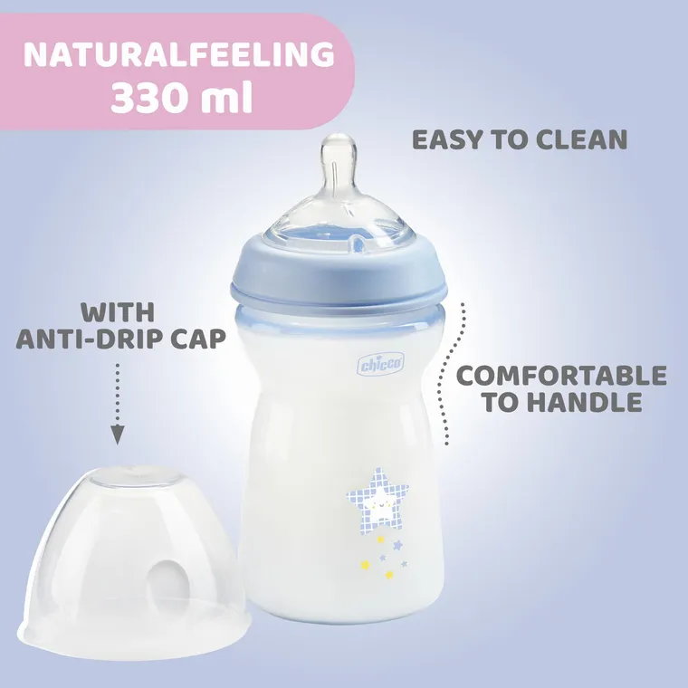 Chicco, NaturalFeeling, sticla din plastic, debit medium, albastru, 6 luni+, 330 ml