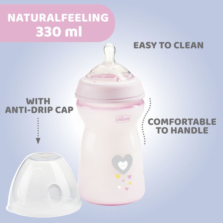 Chicco, NaturalFeeling, sticla din plastic, debit medium, roz, 6 luni+, 330 ml