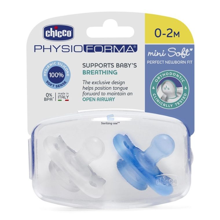 Chicco, PhysioForma Mini Soft, suzeta din silicon, albastru, 0-2m, 2 buc.