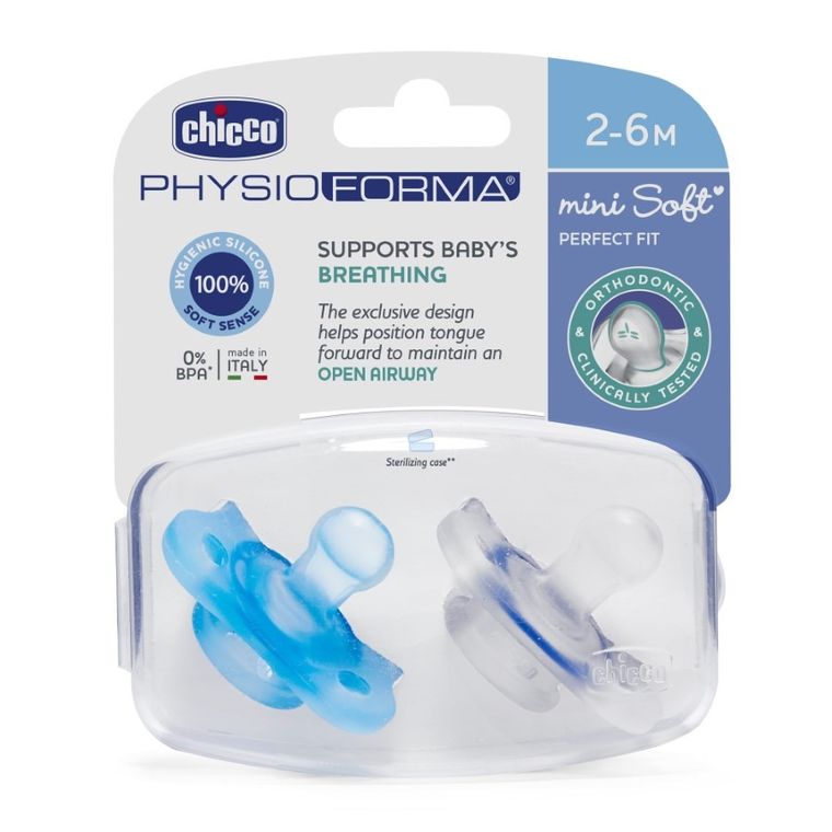 Chicco, PhysioForma Mini Soft, suzeta din silicon, albastru, 2-6m, 2 buc.