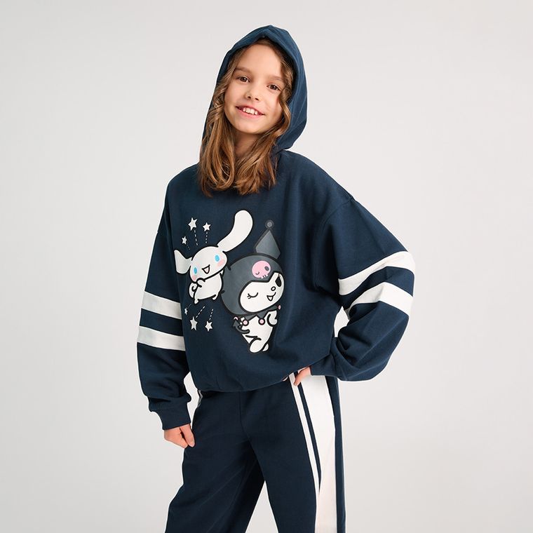 Cool Club, Pantaloni trening pentru fete, wide, caldurosi, bleumarin, imprimeu Hello Kitty and Friends