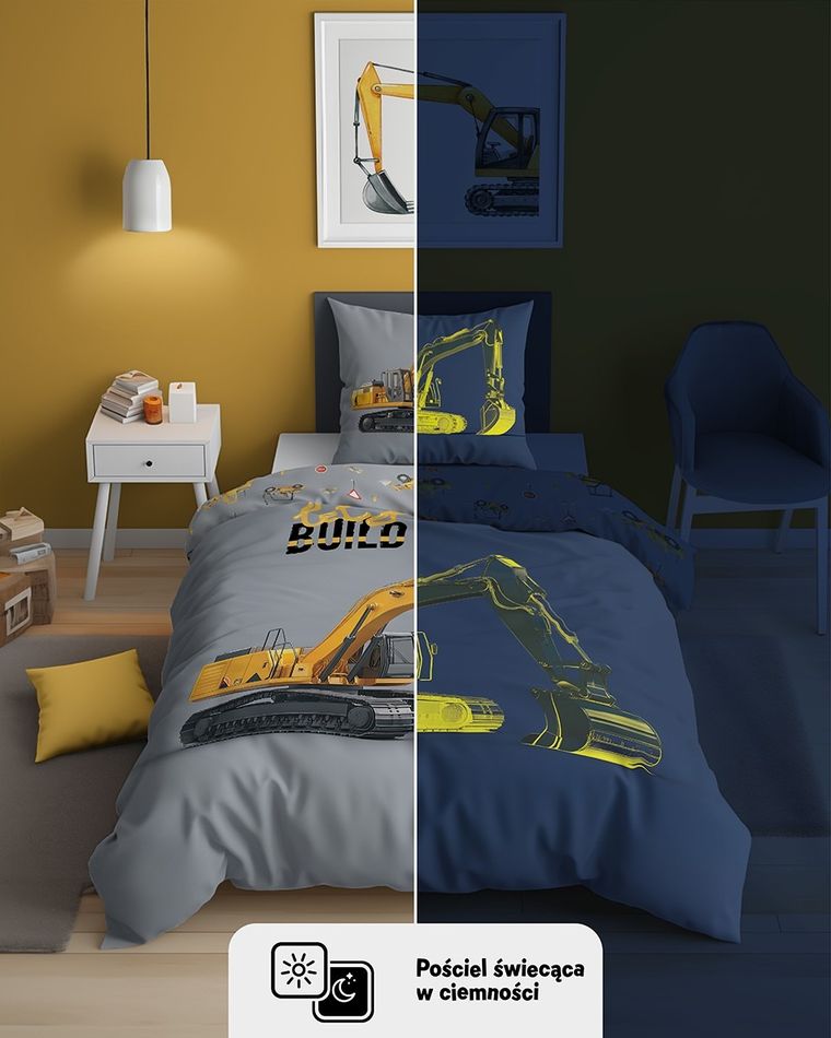 Fluo, set de lenjerie de pat pentru tineri, 140-200 cm + 70-80 cm, Excavator