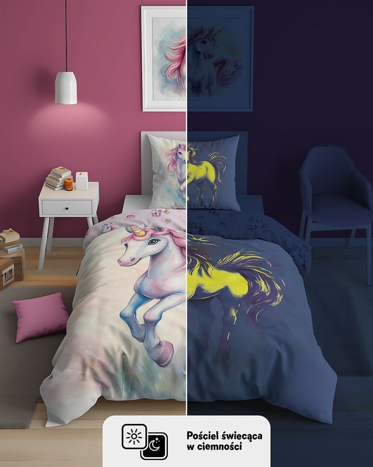Fluo, set de lenjerie de pat pentru tineri, 140-200 cm + 70-80 cm, Unicorn