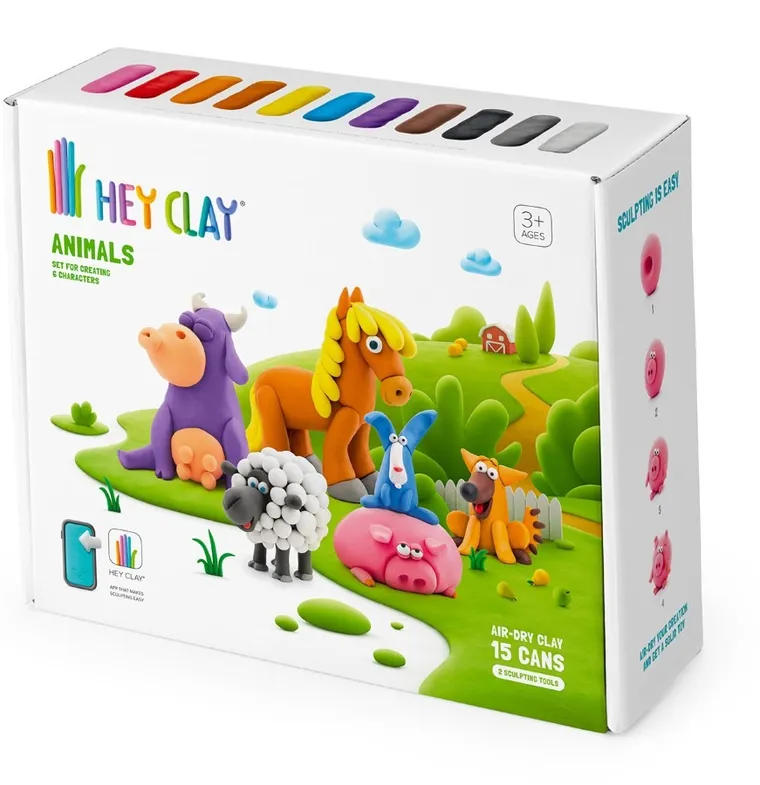 Hey Clay, Animals, set creativ, 15 cutii de plastilina