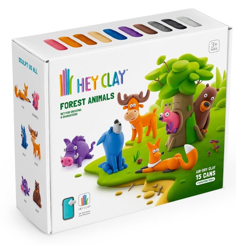 Hey Clay, Forest Animals, set creativ, 15 cutii de plastilina