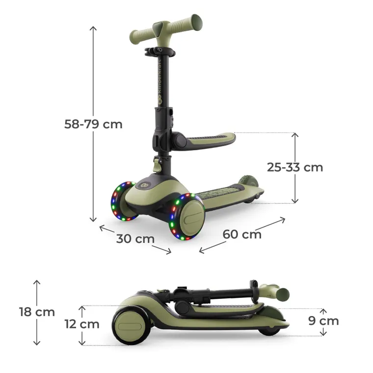 Kinderkraft, Halley 2, trotineta cu 3 roti de echilibru 2in1, LED, Grassland Green