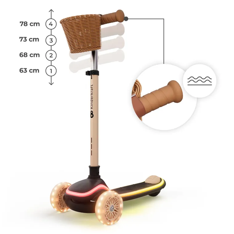 Kinderkraft, RAKET UP, trotineta LED cu 3 roti cu sezut, 2in1, Beige