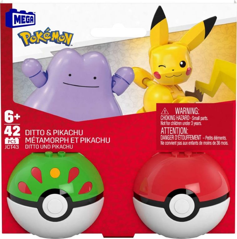 MEGA Pokemon, Pokeball Pikachu si Ditto, 2 figurine, set de constructie, 42 piese
