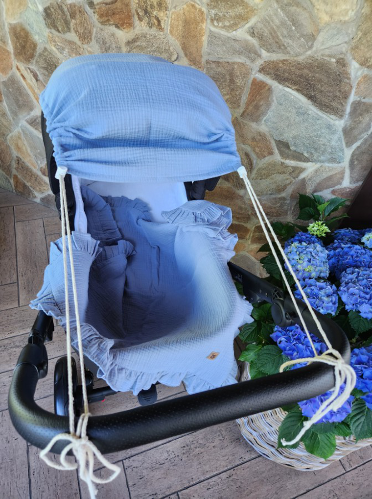 MimiNu, baldachin pentru carucior, protectie de soare, muselina de bumbac, denim