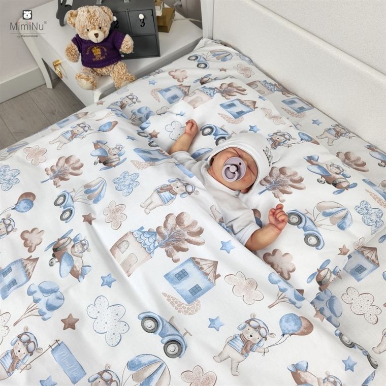 MimiNu, Piloti, set lenjerie de pat single, cu umplutura, 120-90 cm, albastru