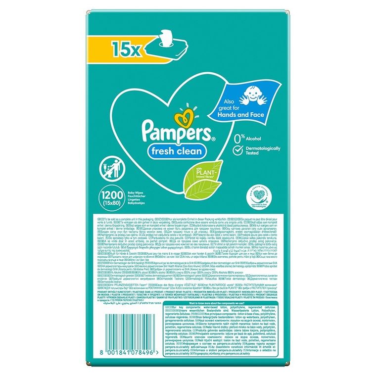 Pampers Fresh Clean, servetele umede, 15 pachete de 80 servetele, 1200 buc.