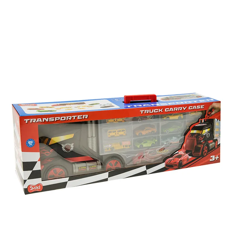 Smiki, camion transportor cu garaj, 6 masinute si accesorii