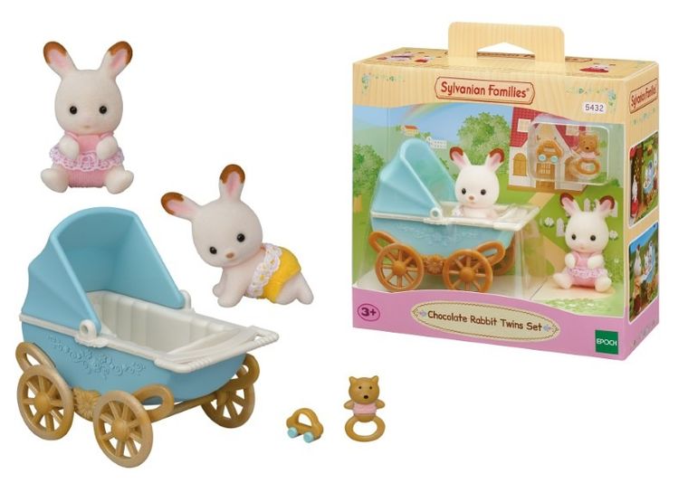 Sylvanian Families, Iepurasii gemeni cu urechiuse de cicolata, carucior, accesorii, set, 5432