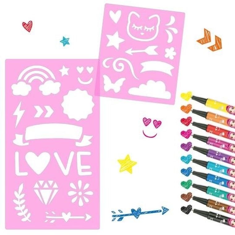 Top Model, set de creioane cu varf fin si sabloane, 10 culori