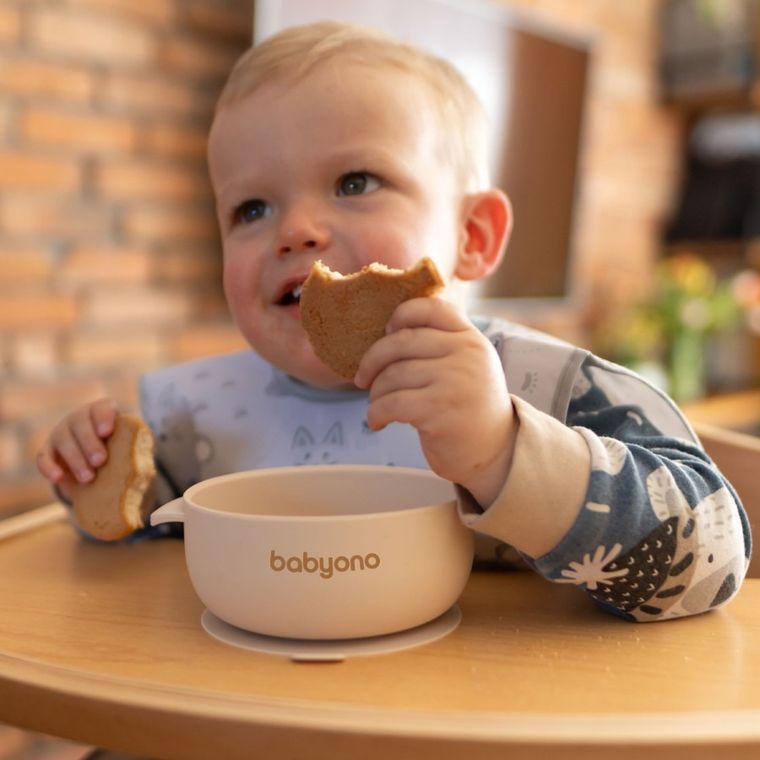 BabyOno, farfurie din silicon cu ventuza si capac, bej