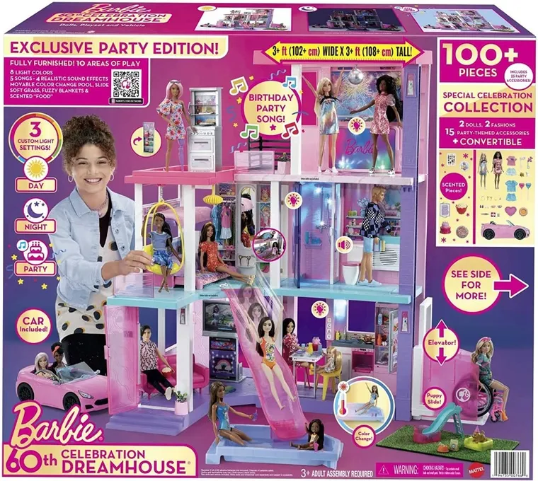 Barbie, Dream House Deluxe, Casa de papusi - 60. aniversare, set de joaca cu 2 papusi, masina si accesorii