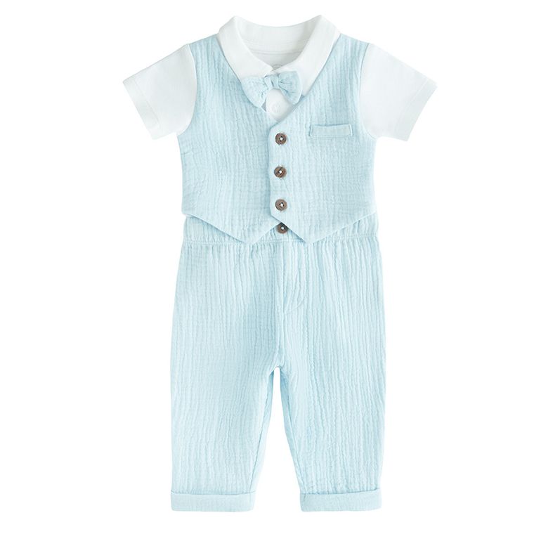 Cool Club, Set pentru baieti, Body cu maneca scurta, Pantaloni din textil din muselina, mix