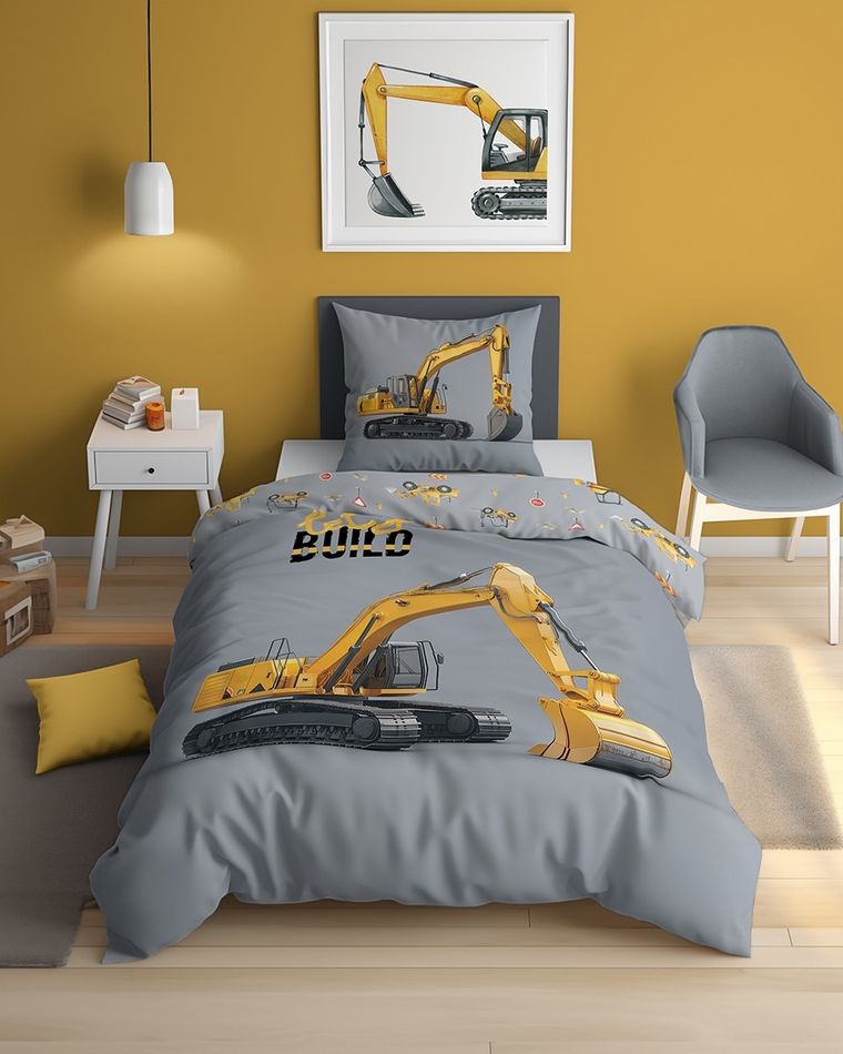 Fluo, set de lenjerie de pat pentru tineri, 140-200 cm + 70-80 cm, Excavator