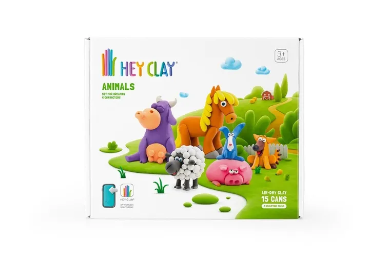 Hey Clay, Animals, set creativ, 15 cutii de plastilina