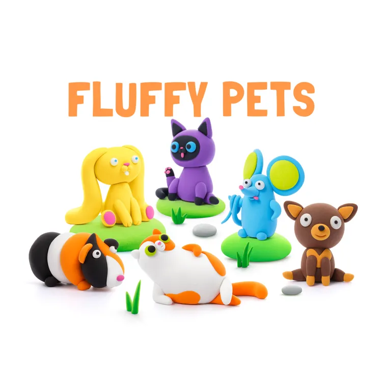 Hey Clay, Fluffy Pets, set creativ, 15 cutii de plastilina