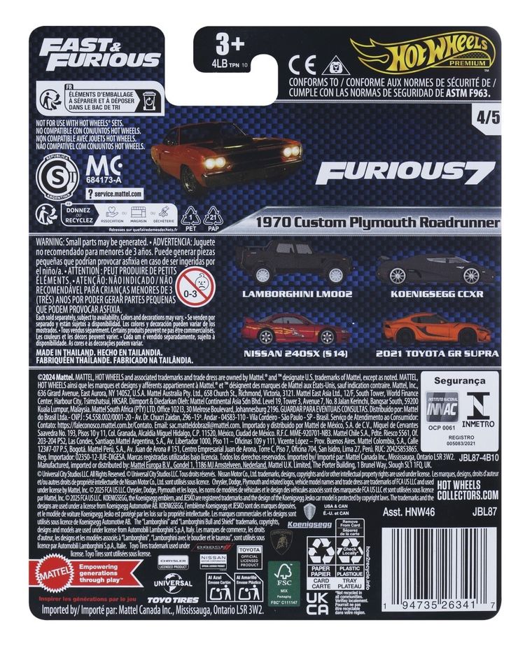 Hot Wheels, Fast & Furious, 1970 Custom Plymouth Roadrunner, masina, scara 1:64, JBL87