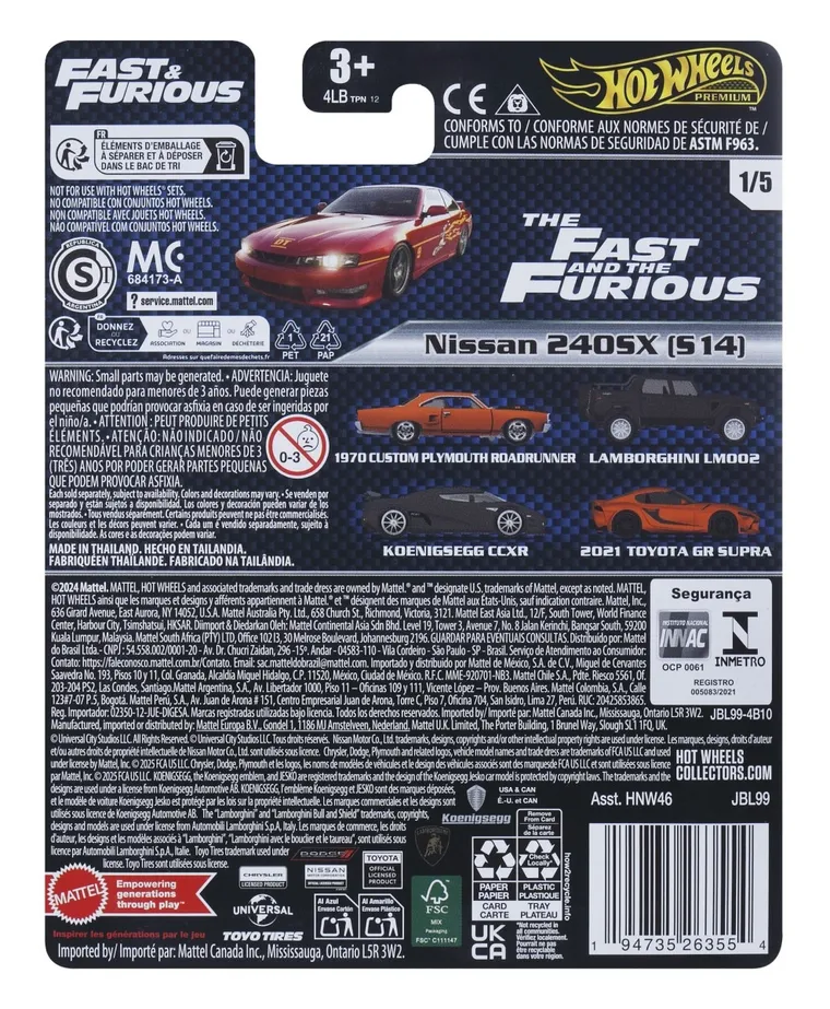 Hot Wheels, Fast & Furious, Nissan 240SX (S14), masina, scara 1:64, JBL99