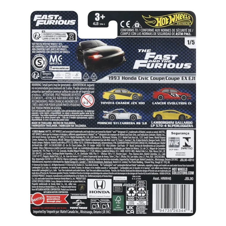 Hot Wheels, Premium, Fast & Furious, 1993 Honda Civic Coupe EX EJ1, masina, scara 1:64, JBL90