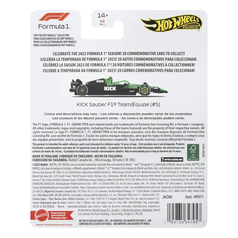Hot Wheels, Premium, Formula 1, Kick Sauber F1 Team (#5), masina, scara 1:64, JKD89