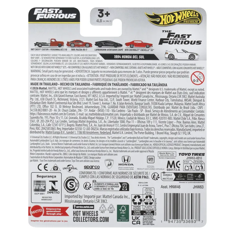 Hot Wheels, The Fast and the Furious, 1994 Honda Del Sol, masina premium, scara 1:64, JHW63