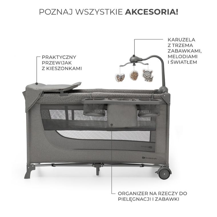 Kinderkraft, Joy 2, patut de volaj cu accesorii, 3in1, Dark Grey