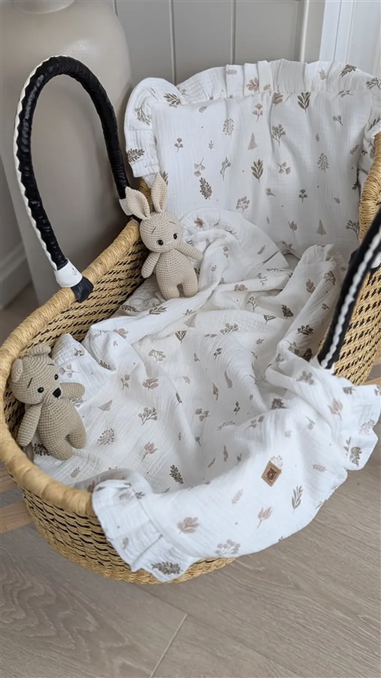 MimiNu, set: patura din muselina, 60-70 cm + perna cu fata de perna, 40-30, frunze bej