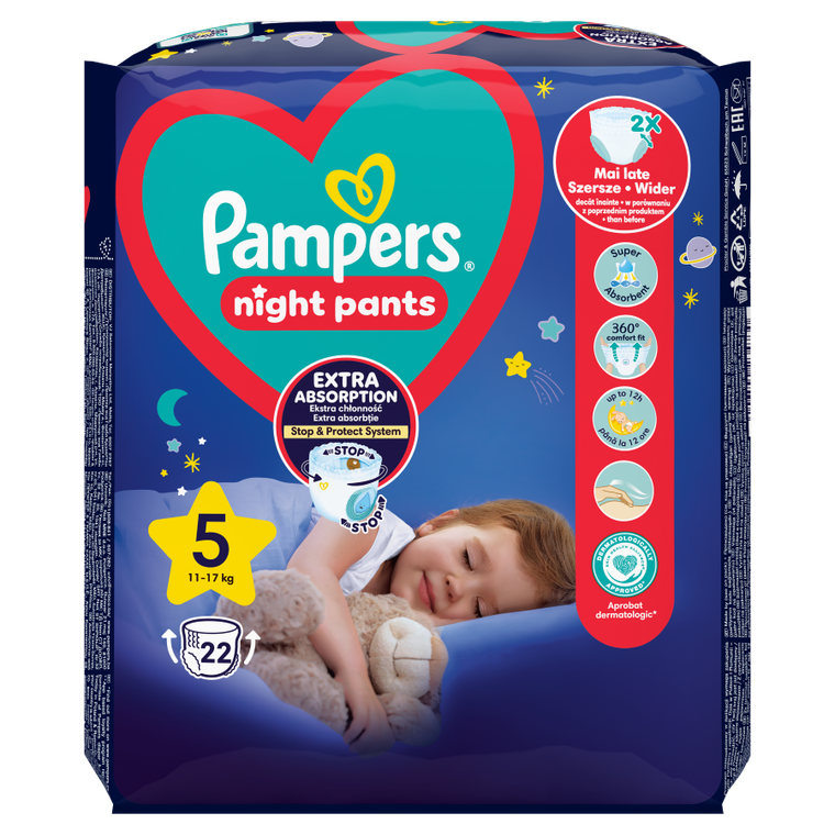 Pampers Night Pants, scutece-chilotel de noapte marimea 5, 12-17 kg, 22 buc.