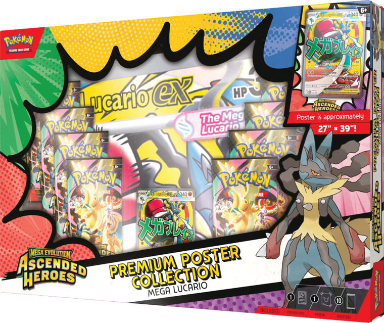 Pokemon TCG: Mega Evolution, Ascended Heroes, Premium Poster Collection, Mega Lucario, supliment de joc cu un poster de colectie