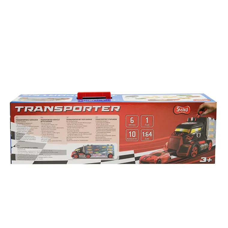 Smiki, camion transportor cu garaj, 6 masinute si accesorii