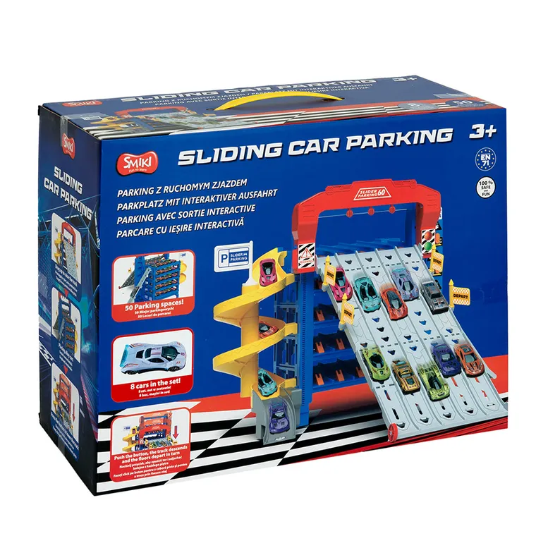 Smiki, parcare supraetajata cu tobogan si vehicule