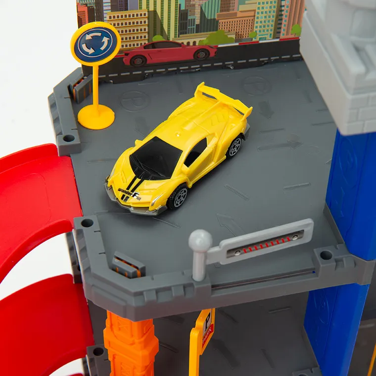 Smiki, pista de curse cu parcare si lift, set cu vehicule, 68 elemente