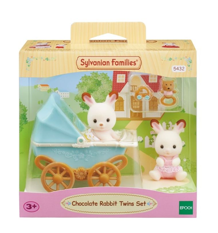Sylvanian Families, Iepurasii gemeni cu urechiuse de cicolata, carucior, accesorii, set, 5432