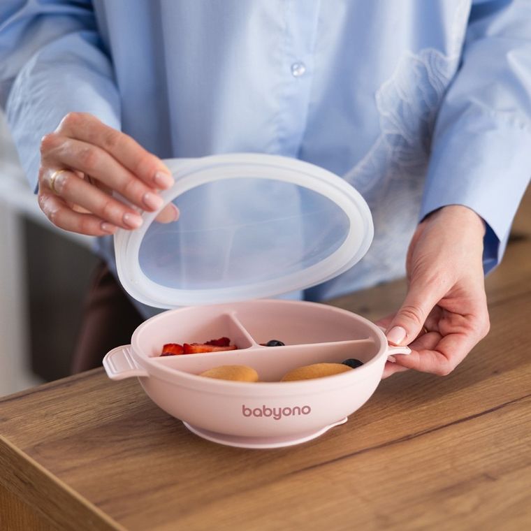 BabyOno, farfurie din silicon cu ventuza si capac, roz