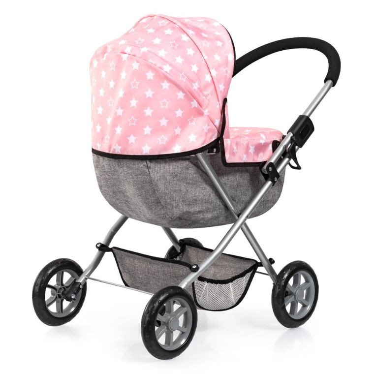 Bayer Design, Cosy, carucior multifunctional pentru papusi, set cu geanta si scaunel, roz-gri cu stelute