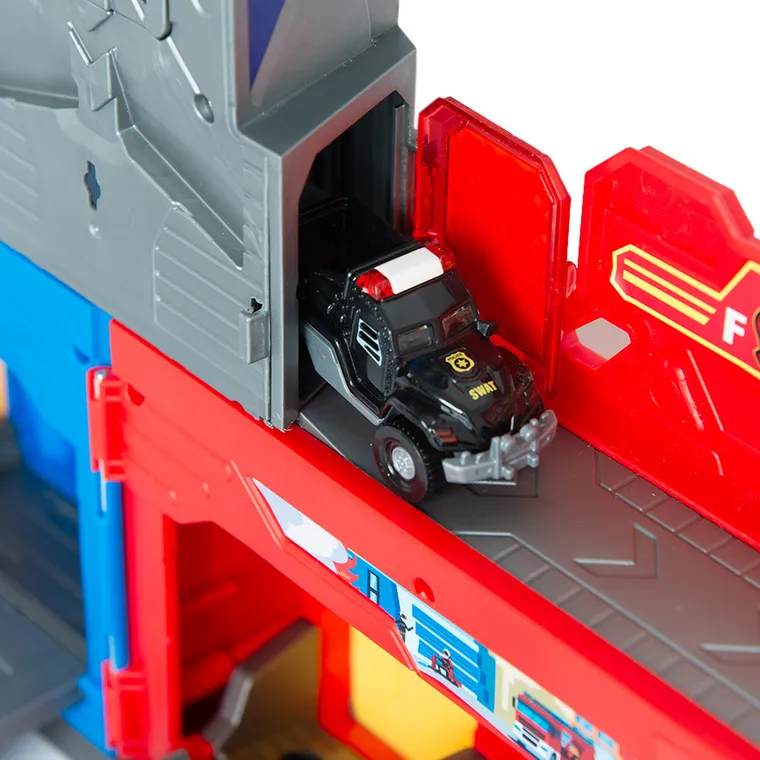 City Action, Politie si pompieri, garaj cu vehicule si walkie-talkie, lumini si sunete