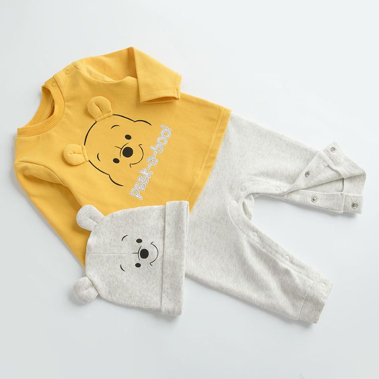 Cool Club, Set pentru baieti, Pijama tip salopeta, Caciula, gri-galben, imprimeu Winnie the Pooh