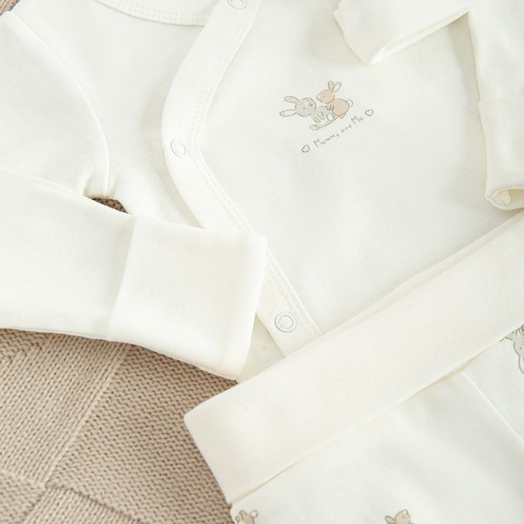 Cool Club, Set pentru bebelusi, Body cu maneca lunga, Pijama tip salopeta, Pantaloni cu botosei, Caciula, alb