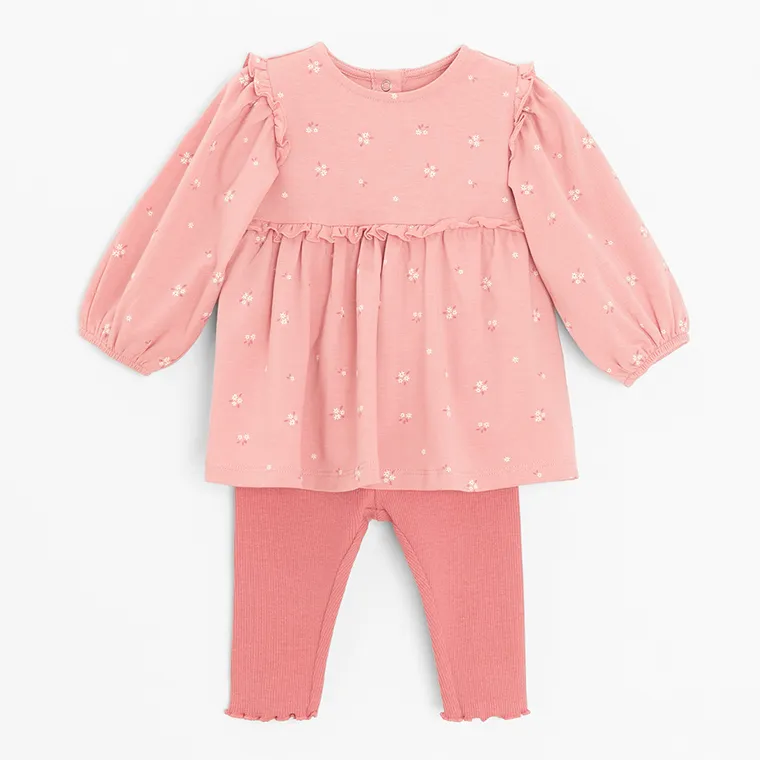 Cool Club, Set pentru fete, Body-rochie cu maneca lunga, Colanti, din tricot striat, roz