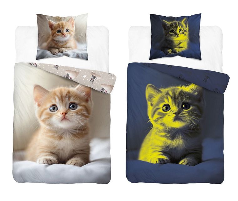Fluo, set de lenjerie de pat pentru tineri, 140-200 cm + 70-80 cm, Cats
