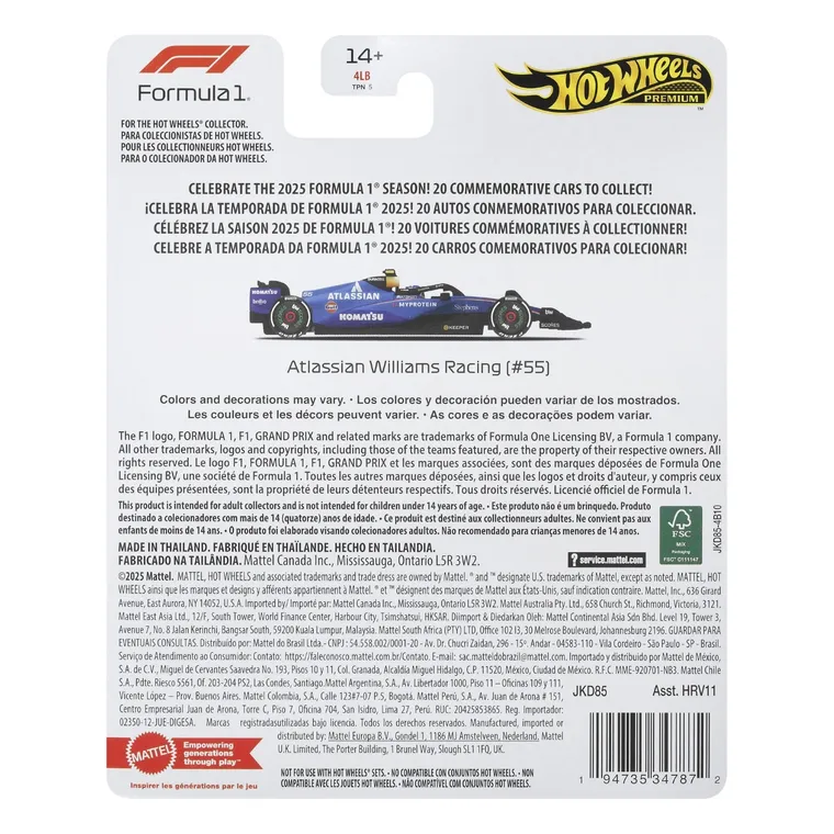 Hot Wheels, Premium, Formula 1, Atlassian Williams Racing (#55), masina, scara 1:64, JKD85