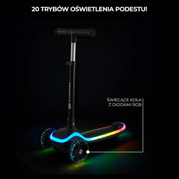 Kinderkraft, Raket, trotineta cu 3 roti LED, Black