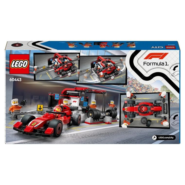 LEGO City, Boxa si mecanici F1 cu masina Ferrari, 60443