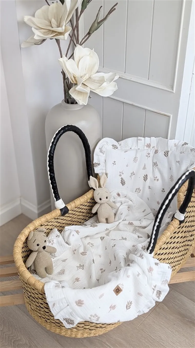 MimiNu, set: patura din muselina, 60-70 cm + perna cu fata de perna, 40-30, frunze bej