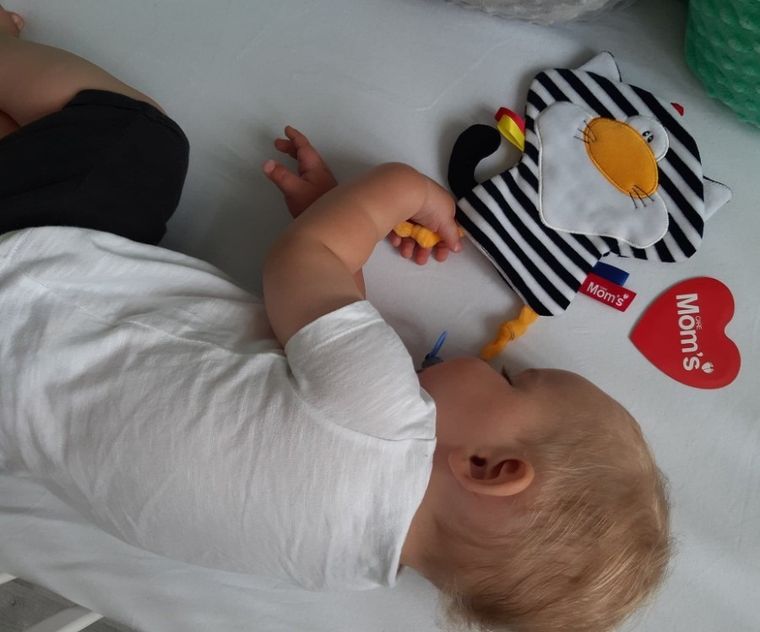 Mom's Care, pisica in dungi, jucarie senzoriala contrastanta cu agatatoare