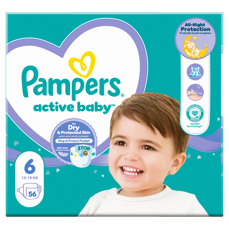 Pampers Active Baby, Jumbo Pack, scutece marimea 6, 13-18 kg, 56 buc.